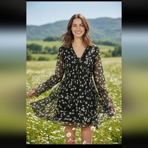 The Kooples Silk Black Floral Long Sleeve Dress French Brand See Mesurements